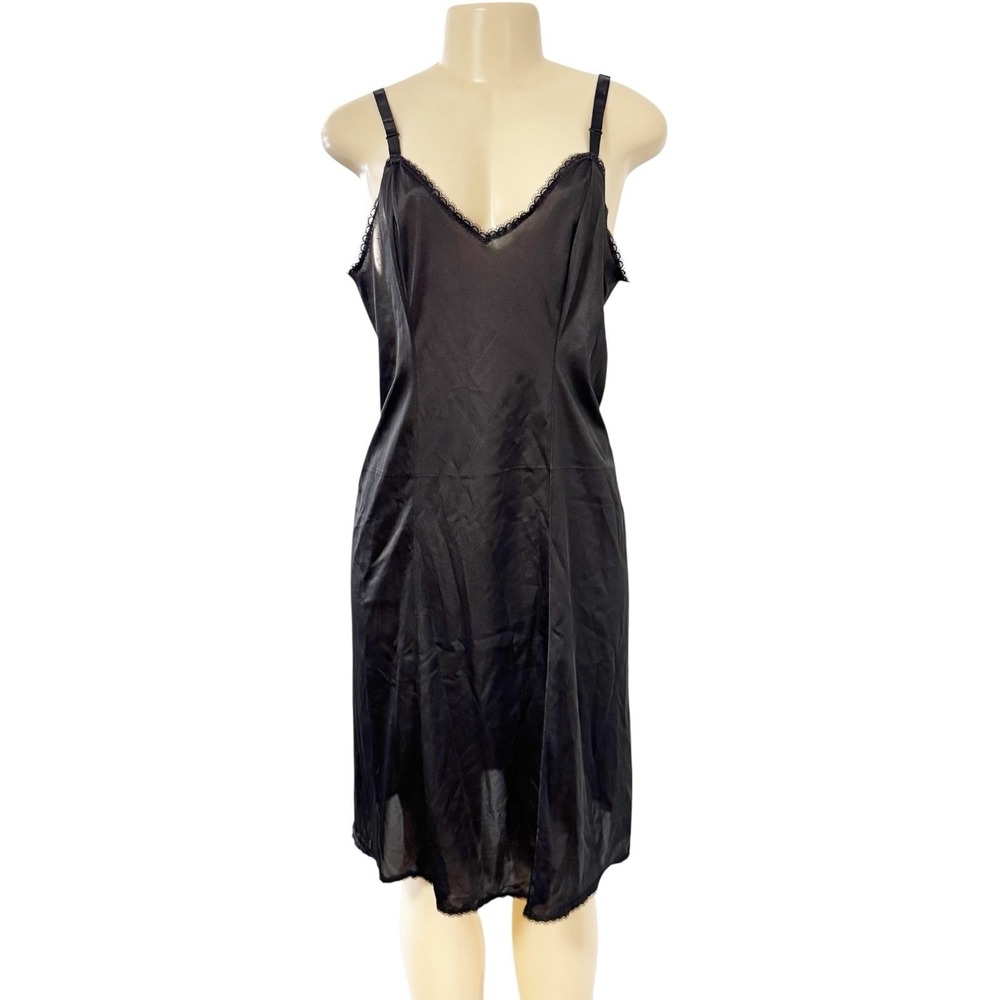 NWOT Camelot Black Slip Cami Chemise Midi Dress Vintage Sheer Nylon Lace Size 38